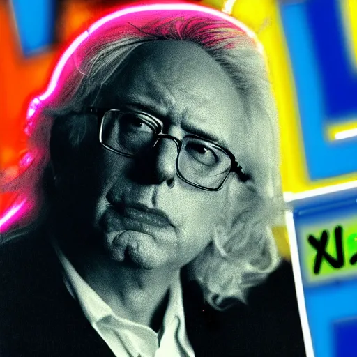 Prompt: Bernie Sanders as a famous rock musician with lots of saturated neon lights, studio photograph for his new hair metal album