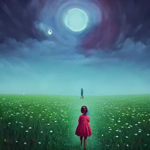 Prompt: giant daisy flower as a head, girl walking in field, surreal photography, moon light, dark night, dramatic, impressionist painting, clouds, digital painting, artstation, simon stalenhag