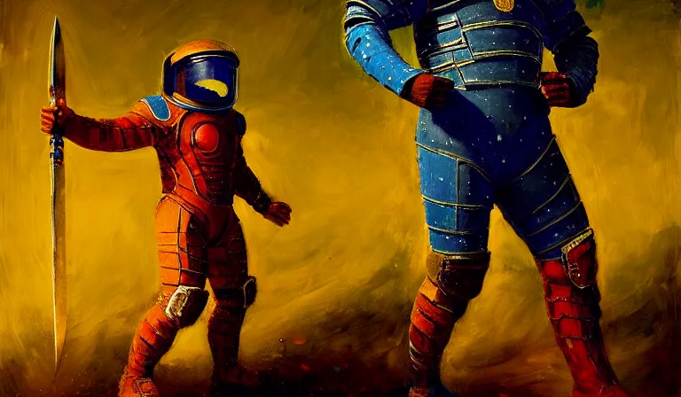 Prompt: gladiator wearing space suit, tower - shield and knife, luminist style, tonalism, dramatic lighting, action scene, palette knife, frenetic brushwork, chiaroscuro, figurative art, detailed, proportions, spatter, dust, atmospheric, volumetric lighting, prussian blue, cadmium red, and yellow ochre