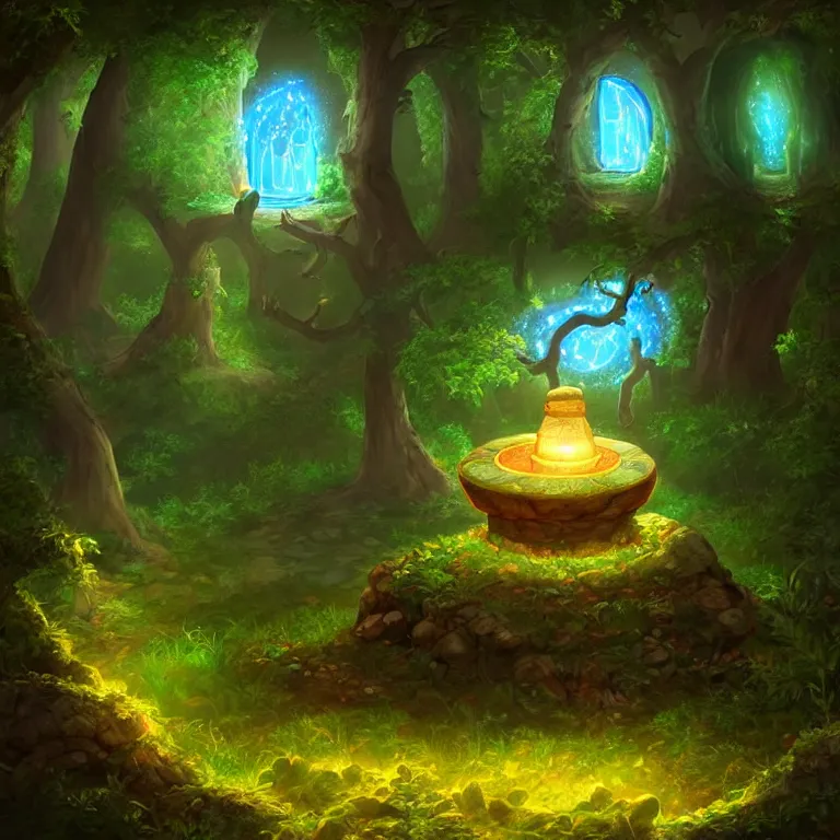 Image similar to Fantasy Magical fairy-tale glowing stone portal in the forest. Round stone portal teleport in trees to other worlds. Fantastic landscape. Magic Altar in the fores, highly detailed, digital painting, artstation