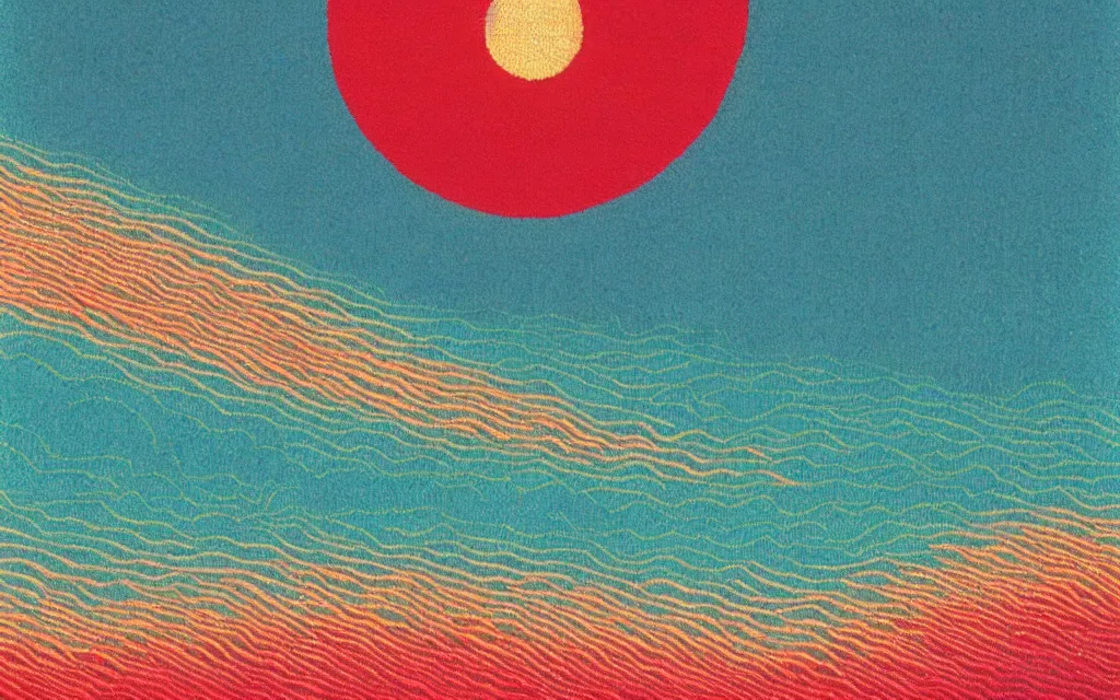 Prompt: a beutiful sunset on a beach, fractal waves. japanese embroidery. retro minimalist art by jean giraud.