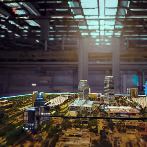 Image similar to large group people in a warehouse, looking at hologram of futuristic city on a table, cinematic concept art, godrays, golden hour, natural sunlight, 4 k, clear details, tabletop model buildings, tabletop model, hologram center, crane shot