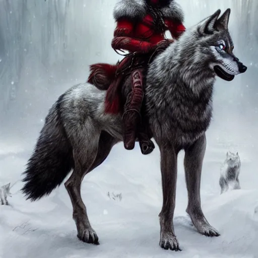 Prompt: a woman wearing wolf head pauldrons and a red wolf's fur warrior outfit, she is astride a great white horse, she has hunted recently, winter scene, hyper realistic, in the style of greg rutkowski, fantasy, amazing detail,