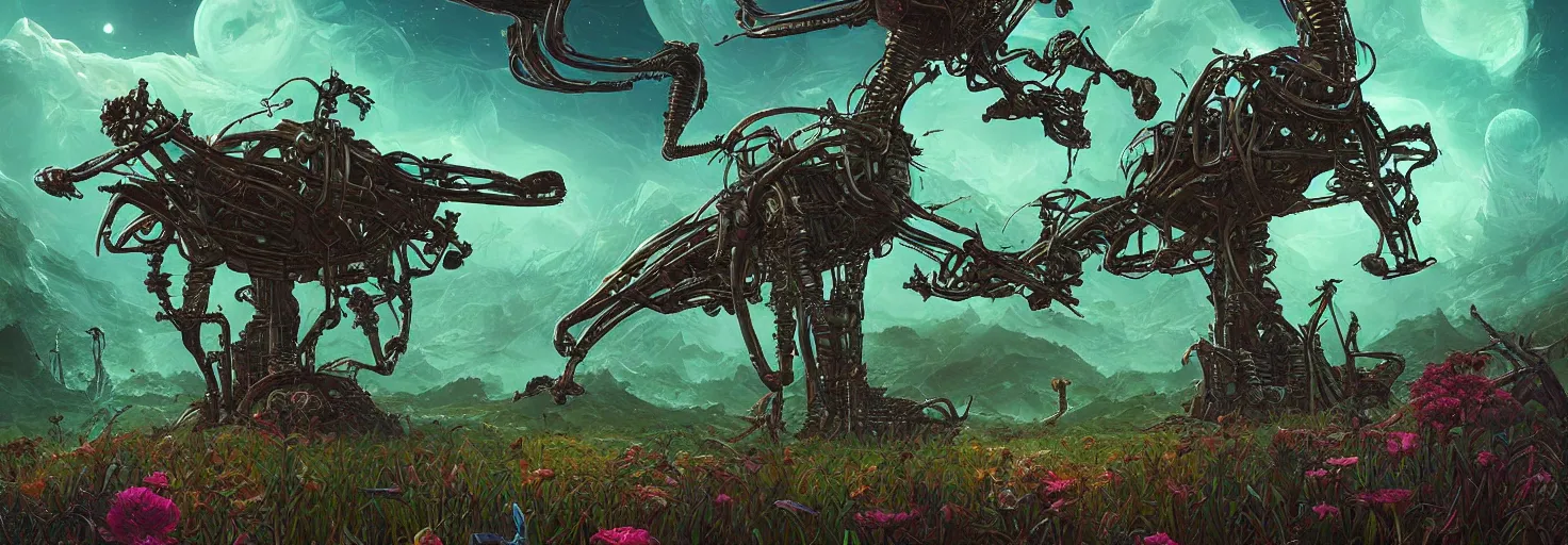 Prompt: alien planet : landscape : flora and fauna : android jones