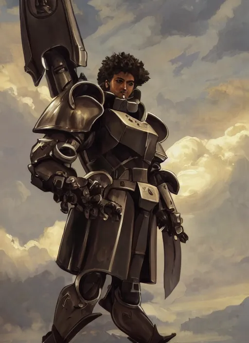 Image similar to medium-length portrait of a male paladin with short curly hair and a dark beard, dark brown skin, happy expression, wears a suit of power armor, gundam, holding buster sword aloft, medieval setting, highly detailed, digital painting, artstation, concept art, sharp focus, illustration, art by greg rutkowski and alphonse mucha