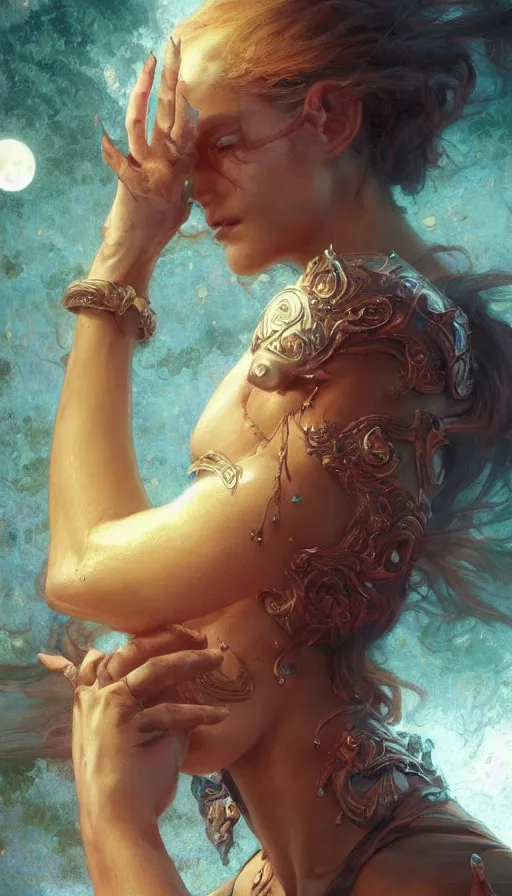 Image similar to epic masterpiece fire, sweaty skin, hyperrealistic, octane render, cinematic, night, moon, beautiful face and flawless skin, perfect hands, 5 fingers, emerald by Edgar Maxence and Ross Tran and Michael Whelan, Lorenzo Sperlonga Legends of Runeterra