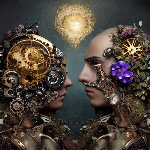 Image similar to a beautiful intricate fine art portrait photo of a mechanical industrial steampunk cybernetic yin yang symbol, overgrown with morning glory flowers, montsera leaves by tom bagshaw and zach sutton, golden ratio composition, studio lighting, 50mm lens, very detailed, bionic, cybernetic scifi, deep depth of field, artstation, 8K, highly coherent