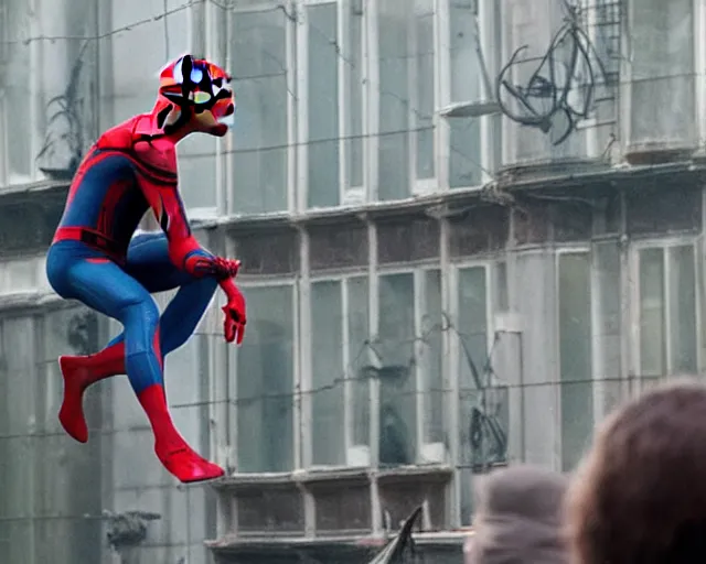 KREA - live action pig in a spiderman suit wearing a spandex full