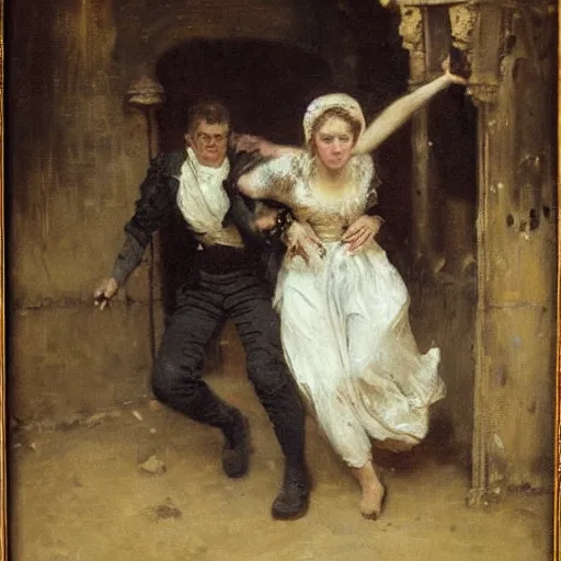 Image similar to young victorian man and woman escaping a dungeon, by alfred stevens