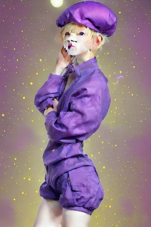 Prompt: Full View girl with short blond hair wearing an oversized purple Beret, Baggy Purple overall shorts, Short Puffy pants made of silk, silk shoes, a big billowy scarf, Golden Ribbon, and white leggings Covered in stars. Short Hair. masterpiece 4k digital illustration by Ruan Jia and Mandy Jurgens, award winning, Artstation, art nouveau aesthetic, Alphonse Mucha background, intricate details, realistic, panoramic view, Hyperdetailed, 8k resolution, intricate art nouveau