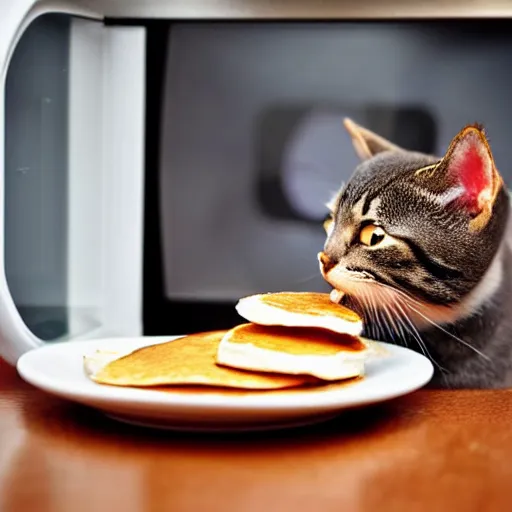 Image similar to a really cute cat eating pancakes on a microwave, photograph