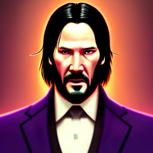 Prompt: portrait of John Wick, green eyes, face, fantasy, neon, intricate, elegant, purple mist, highly detailed, digital painting, trending on artstation, concept art, smooth, sharp focus, illustration, art by artgerm and greg rutkowski and alphonse mucha, unreal engine, 4k, 8k