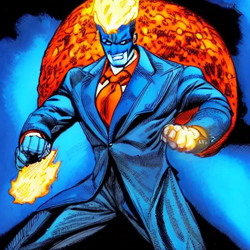 Prompt: a man in a blue suit standing in front of a fire ball, a comic book panel by jim lee, featured on deviantart, rayonism, dc comics, apocalypse art, parallax