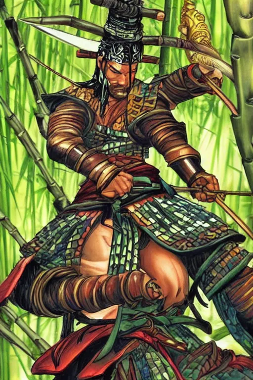 Image similar to close up of samurai warrior in a bamboo forest, by joe madureira and hicham habchi