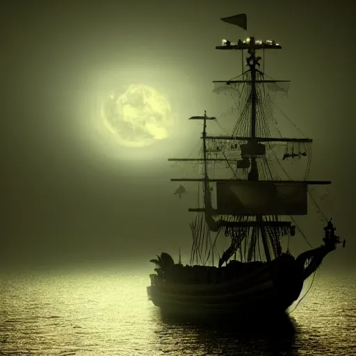 Prompt: an ornate pirate ship sailing out of thick fog on a moonlit night, 4 k, ultra realistic photo