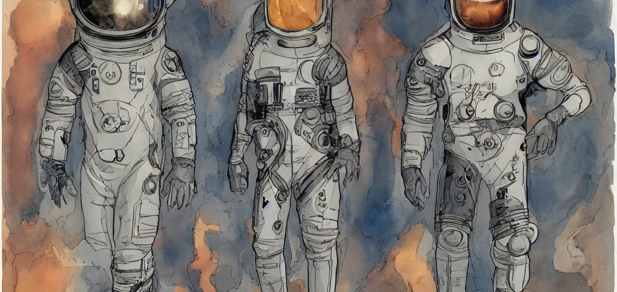 Image similar to male, full body, space suit with a modern helmet, character sheet, science fiction, very stylized, character design, pen and ink, digital painting, watercolor wash, by mike mignola, by alex maleev, jean giraud