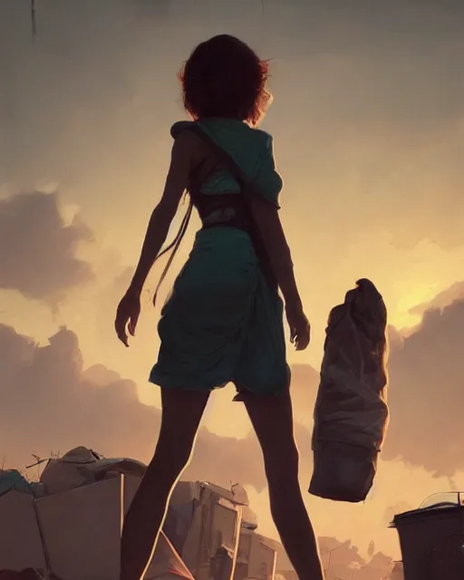 Image similar to poor detailed girl with backpack standing at cars looking for food at garbage dump, destroyed cars, city is pure wasteland, moody sunset in background, greg rutkowski, alphonse mucha, trending on artstation, artgerm, unreal engine, breathtaking, award winning, highly detailed