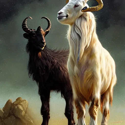 Image similar to Lionel Messi standing beside a majestic goat, D&D, fantasy, intricate, elegant, highly detailed, digital painting, artstation, concept art, matte, sharp focus, illustration, art by Artgerm and Greg Rutkowski and Alphonse Mucha