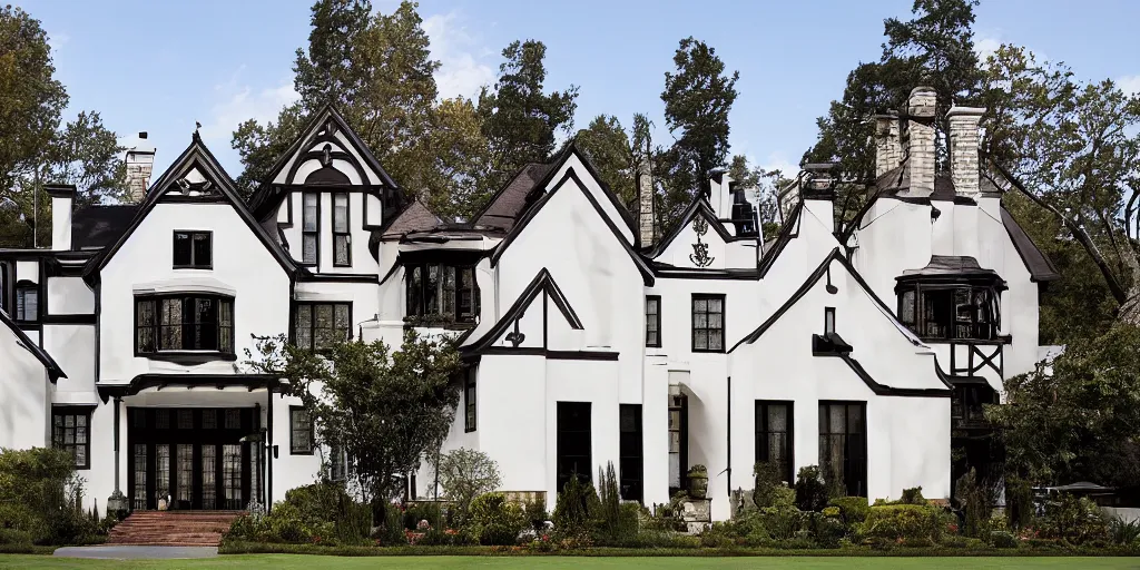 Image similar to stucco tudor with wood and tile white black mansion by mcalpine house, by jackson & leroy architects