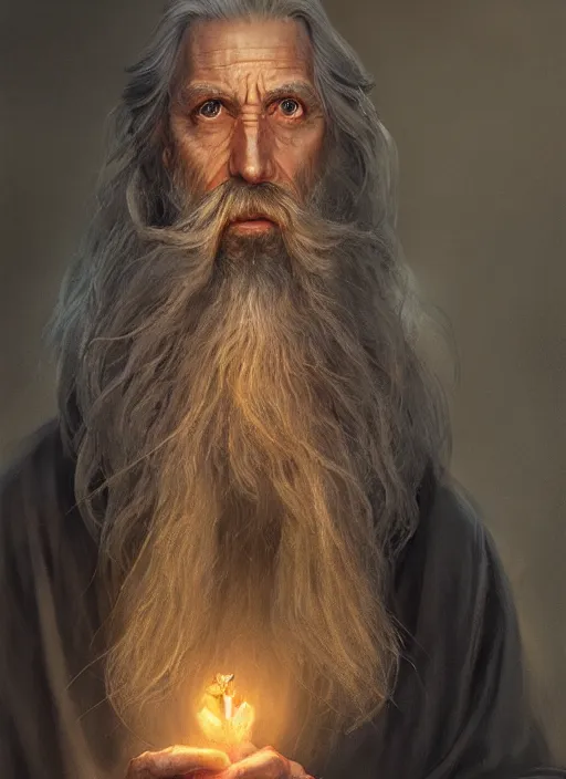 Image similar to portrait of a elderly wizard with a long beard wearing robes and a hawaiian shirt, detailed face, fantasy, highly detailed, cinematic lighting, digital art painting by greg rutkowski