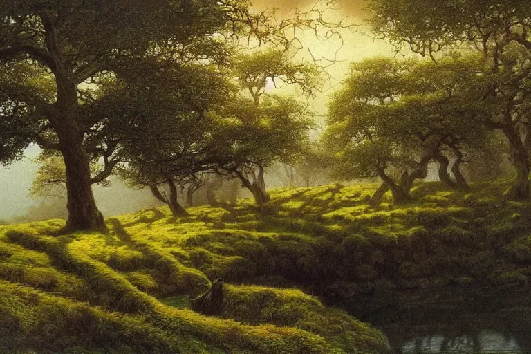 Prompt: masterpiece painting of oak trees on a hillside overlooking a creek, dramatic lighting, by john howe