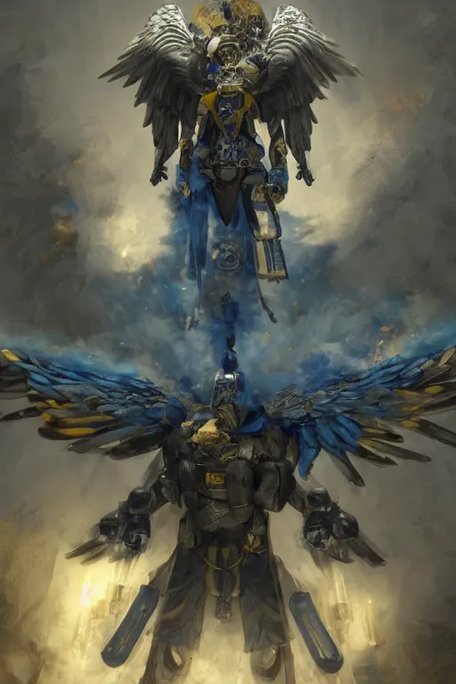 Image similar to A military super soldier with wings with a blue and yellow flag behind him is standing on a pile of skulls in triumph, concept art, сinematic lighting, insanely detailed, smooth, sharp focus, Artstation, 8k, unreal engine, hyper realistic, steampunk style, bright background, moonlight, volumetric lighting, wallpaper, digital illustration by Ruan Jia and Mandy Jurgens and Artgerm and Wayne Barlowe and Greg Rutkowski and Zdislav Beksinski