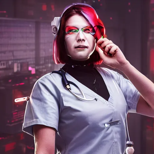 Prompt: photo of a cyberpunk nurse warrior