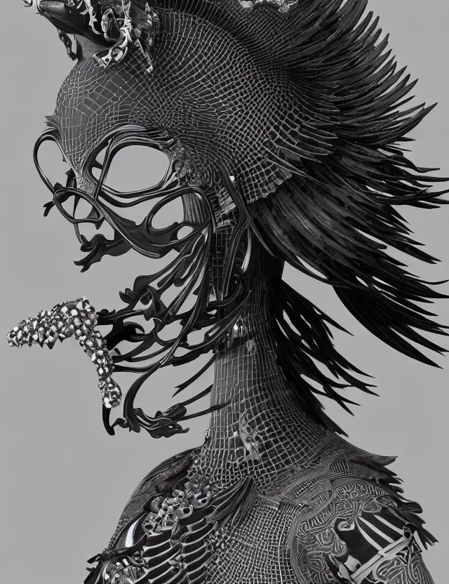 Image similar to 3 d goddess close - up profile portrait biomechanics with ram skull. beautiful intricately detailed japanese crow kitsune mask and clasical japanese kimono. betta fish, jellyfish phoenix, bio luminescent, plasma, ice, water, wind, creature, artwork by tooth wu and wlop and beeple and greg rutkowski