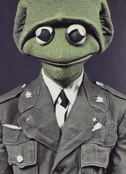 Image similar to grainy 1940’s WWII military portrait of an anthropomorphic frog muppet dressed like a soldier, professional portrait HD, frog, frog head, authentic, Kermit, muppet weird