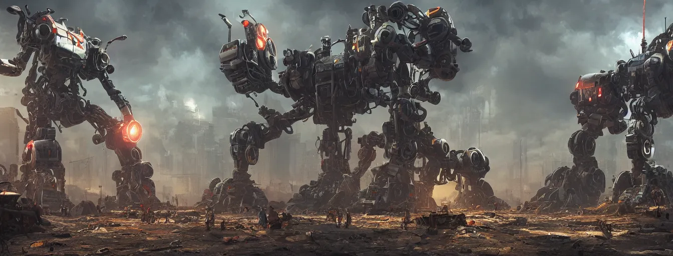 Image similar to gigantic mech robot spider hunts remaining humans in a post - apocalyptic world, high detail, saturated colors, by james paick, render unreal engine - h 7 0 4