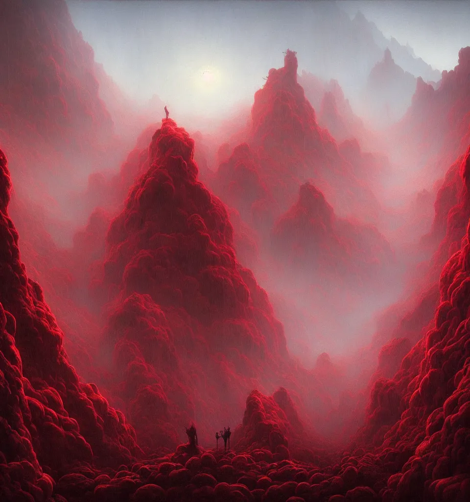 Prompt: magical matte forest exploding over the mountains, chiaroscuro, red fabric, metalic parts, transparent smoke from hell, notan sun in the background, abstract, surreal art, painted by beksinski and android jones