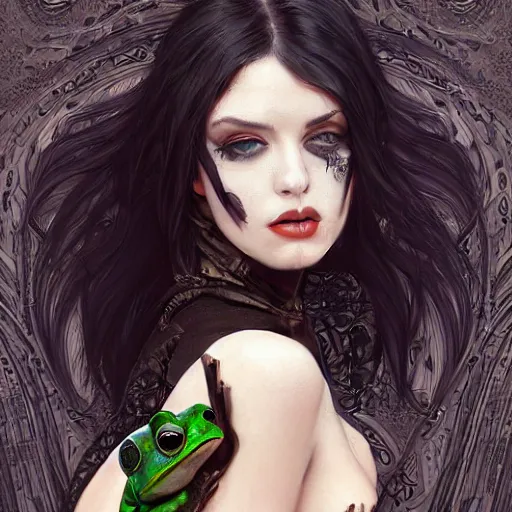 Image similar to attractive goth woman with a frog, intricate, highly detailed, digital painting, artstation, concept art, smooth, sharp focus, illustration, unreal engine 5, 8 k, art by artgerm and greg rutkowski and alphonse mucha