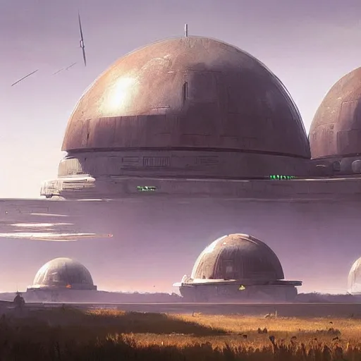 Image similar to star wars concept art by greg rutkowski, brutalist looking domes in the middle of a savannah landscape, cinematic sunset lighting, dramatic atmosphere.