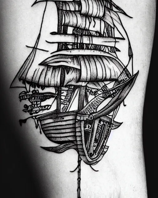 Image similar to A tattoo design of a pirate ship, black and white, on white paper, highly detailed, realistic tattoo, trending on pinterest