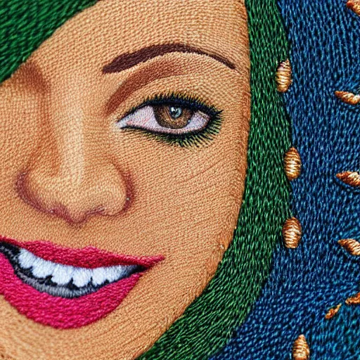 Prompt: Close up of a Highly detailed embroidery painting of a beautiful young woman with red hair, smiling, Thread material, Fabric, gold details, Emeralds, Golden thread, golden details, intricate details, intricate patterns 4k, 8k, HDR