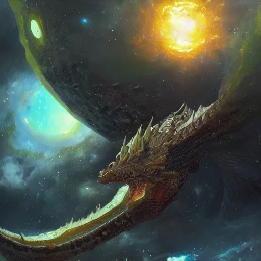 Prompt: prompt dragon in space devouring a planet, sun system, nebula, oil painting, by Fernanda Suarez and and Edgar Maxence and greg rutkowski