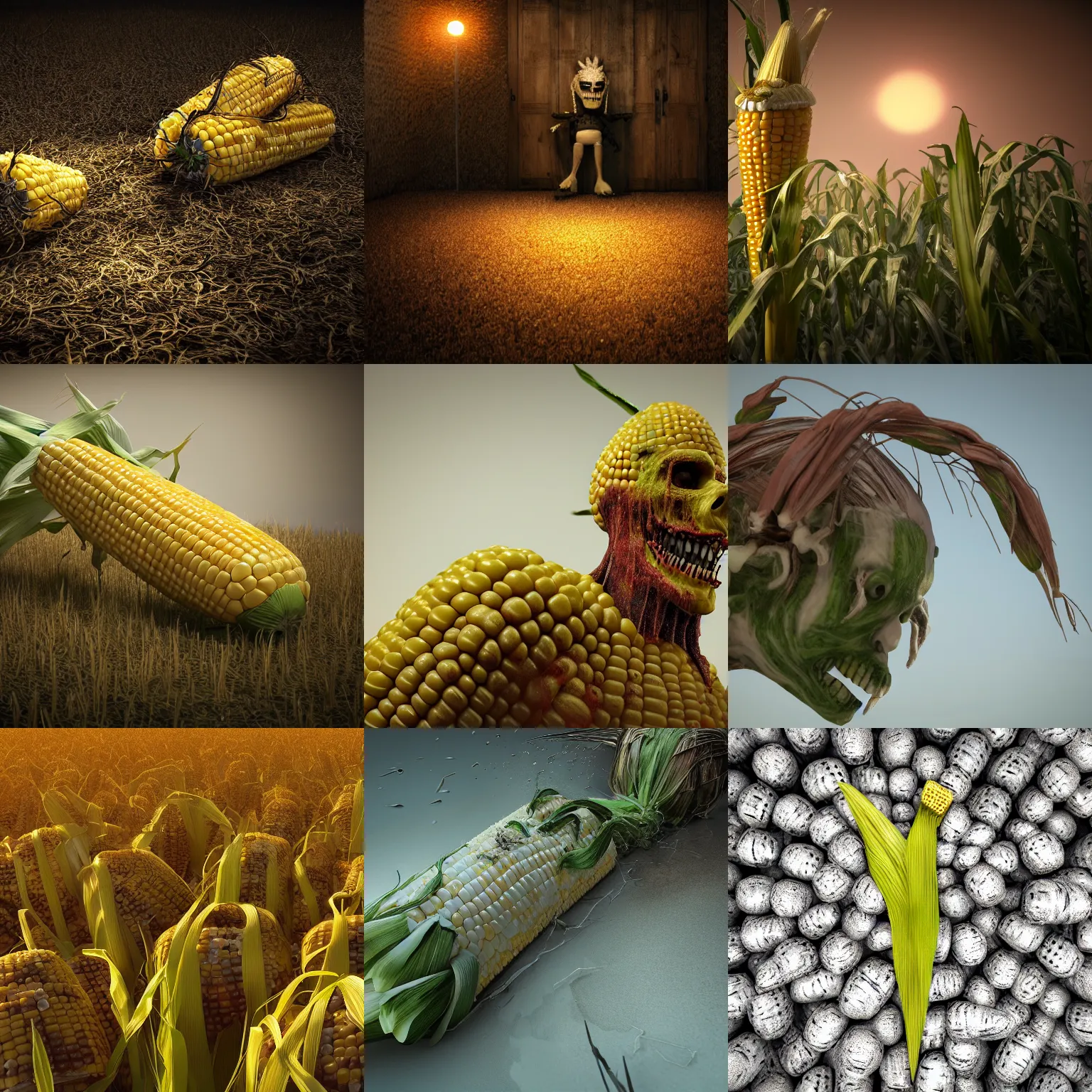 Prompt: corn nightmare, horror scene, octane render, detailed, trending