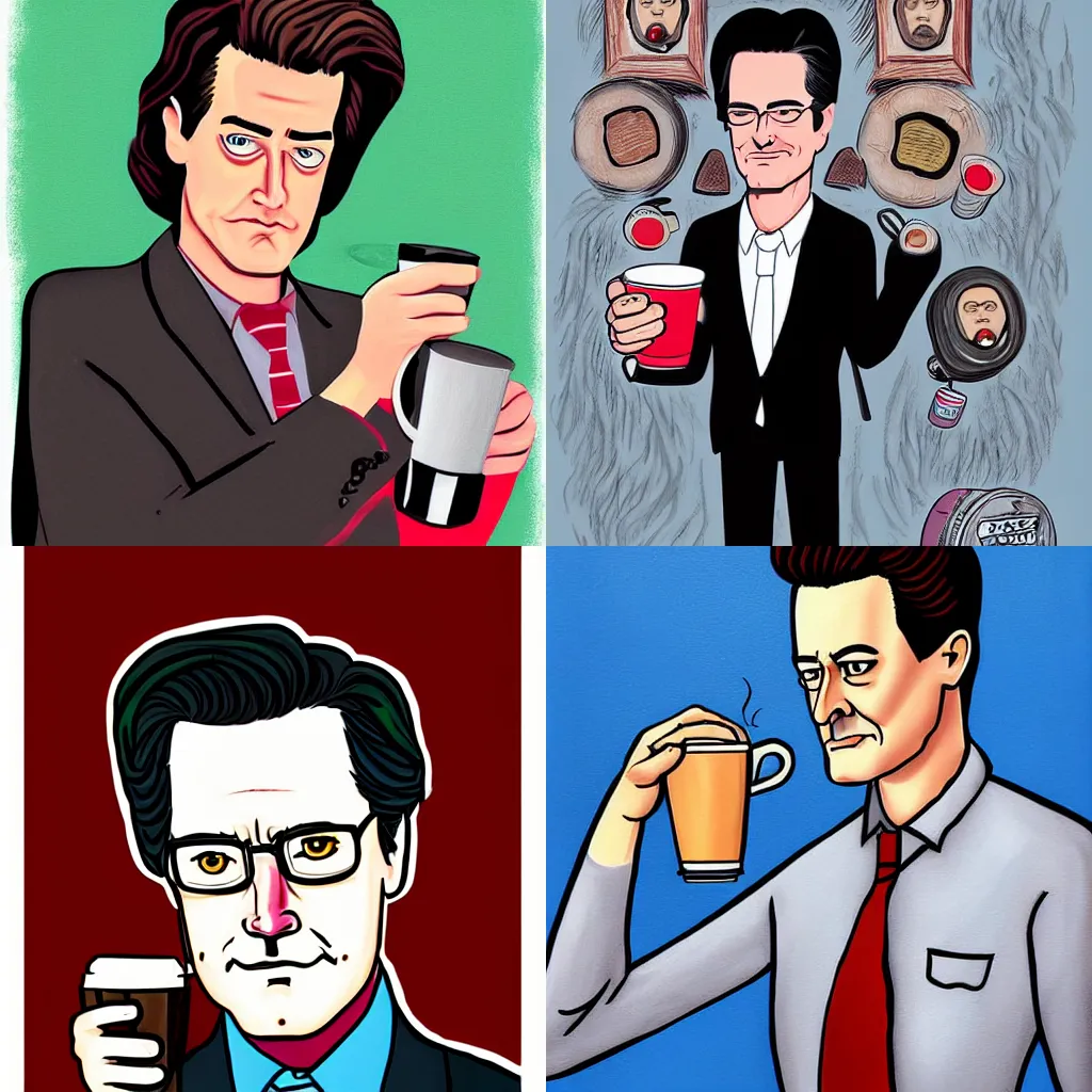 Prompt: painting Kyle MacLachlan Twin Peaks drink coffee by Matt Bors