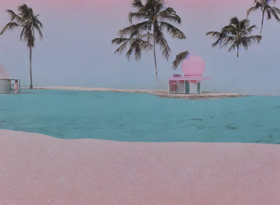 Image similar to a pastel coloured vintage family holiday photo of an empty beach from an alien dreamstate world with chalky pink iridescent!! sand, reflective lavender ocean water, dim bioluminescent plant life and an igloo shaped shiny plastic transparent restaurant opposite a kiosk with an iridescent blue flame flickering. glare. refraction, volumetric light.