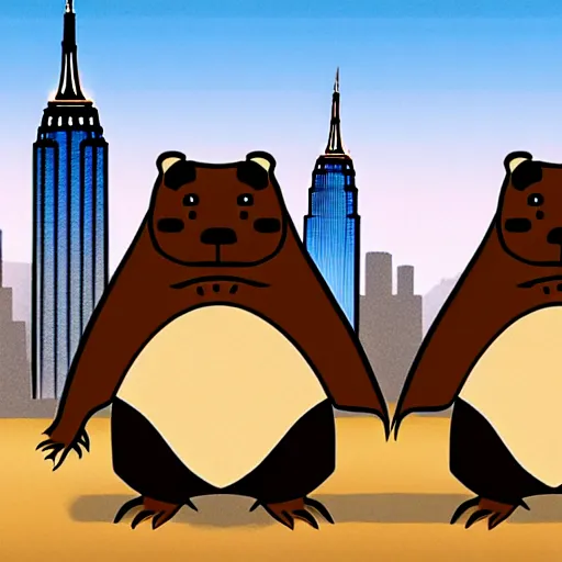 Image similar to digital concept art of anthropomorphic beavers as construction builders that building empire state building from sticks