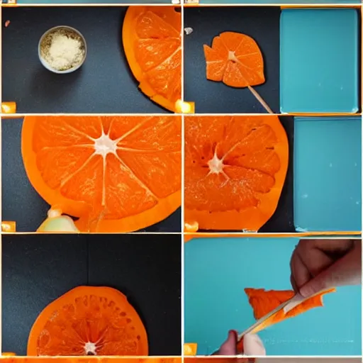 Image similar to making of an edible giraffe from an orange step by step, starting from the firs step, a whole orange, each step is a progression