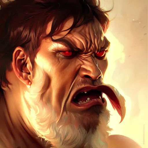 Prompt: face portrait of angry male demon, realistic, high qulity, 4 k, sharp fucos, tranding on art station, illustration, art by artgerm and greg rutkowski and alphonse mucha