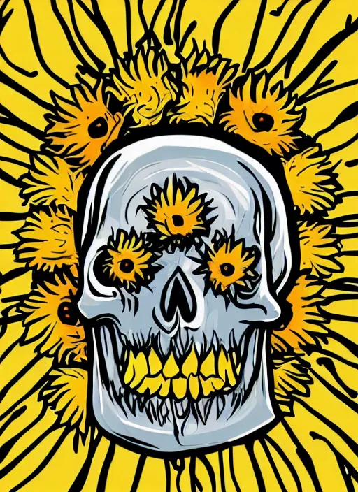 Image similar to skull head in the middle of a sunflower, spooky halloween theme, illustration line art style