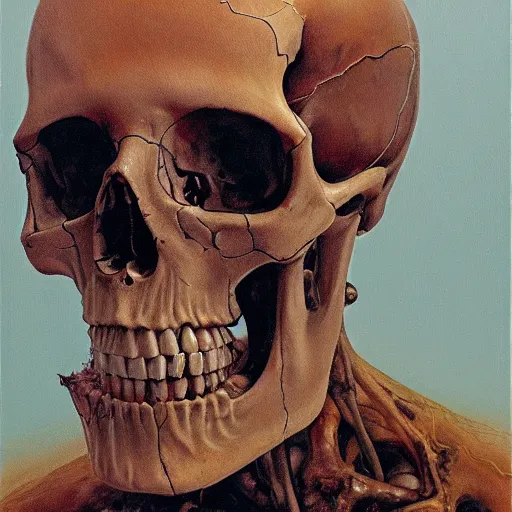 Prompt: human skull, hyper - realistic oil painting, body horror, biopunk, by ralph steadman, francis bacon, hunter s thompson