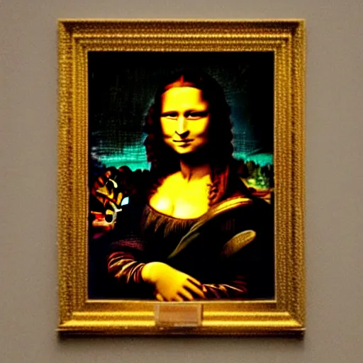 Image similar to da vinci's mona lisa, with the face of an owl, photographed on display in a frame in the louvre