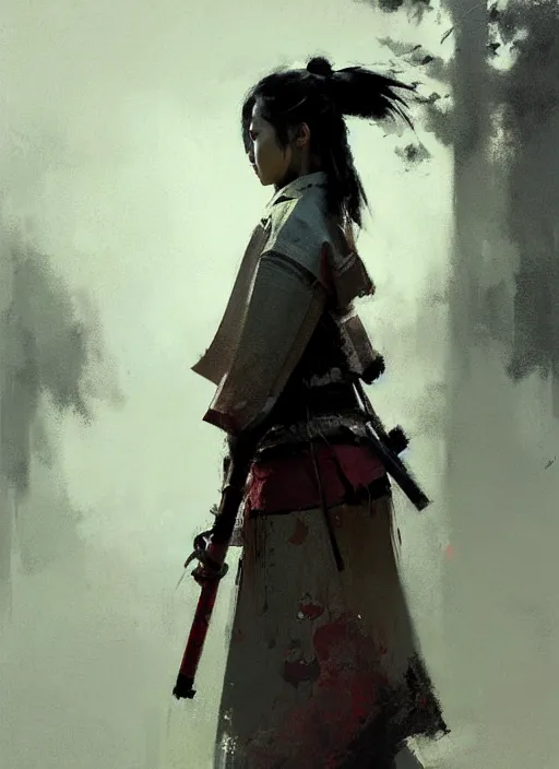 Image similar to female samurai, rule of thirds, intricate outfit, spotlight, by greg rutkowski, by jeremy mann, digital painting