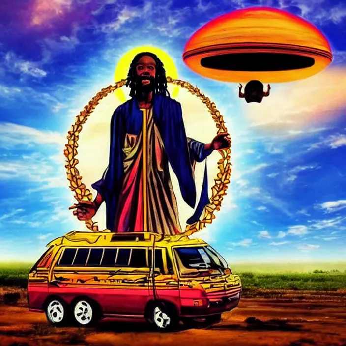 Prompt: UFO hovering over an African Jesus , clouds, colorful, in the style of Nigerian truck art,