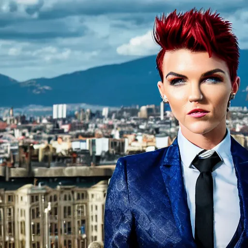 Image similar to photograph of Ruby Rose with spiky red hair and wearing gold contact lenses and dressed in a blue men's suit with a yellow tie, standing on a stone bridge with a city of stone towers in the background