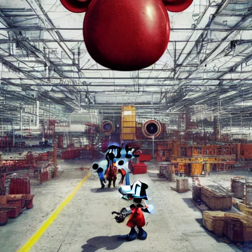 Image similar to a giant mickey mouse head, factory floor, surrounded by factory workers, octane render, cgstation, 3 d render, very detailed, mindblowing, blood and guts, gritty, cyberpunk, red and cinematic lighting, hyper realism