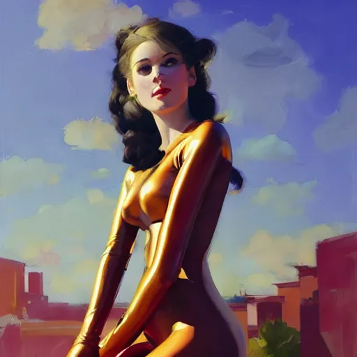 Image similar to greg manchess portrait painting of female wearing a latex suit as addison rae, medium shot, organic painting, sunny day, matte painting, bold shapes, hard edges, street art, trending on artstation, by huang guangjian and gil elvgren and sachin teng